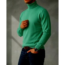 Sdnyazo Premium Erkek Yeşil Kaşmir ve Yünlü Tam Balıkçı Yaka Slim Fit Triko Kazak