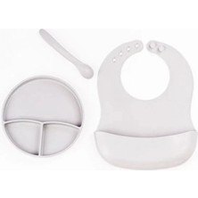 MiraLive Gri 3’lü Silikon Yemek Seti – Önlük + Diş Kaşıyıcılı Kaşık + Vakumlu Tabak