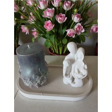 Doğal "mutlu Aile Temalı Dekoratif Set | El Yapımı Heykel ve Işıltılı Mum"