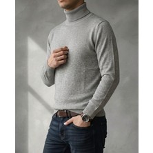 Sdnyazo Premium Erkek Açık Gri Melanj Pamuklu Tam Balıkçı Yaka Slim Fit Triko Kazak