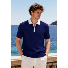 Damga Erkek Trend Fermuarlı Lacivert Triko Polo Yaka T Shirt