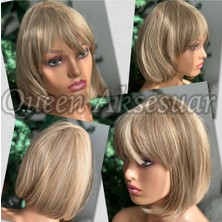 Özbience Lüks Fiber Isıya Dayanıklı Ombre Sarı Peruk Kadın Postiş Küt Kahküllü