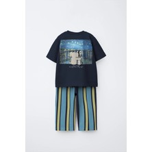  Çocuk Pamuklu Lacivert Sevimli Magu And Milo Baskılı Takım - Cepli T-Shirt & Çizgili Pantolon