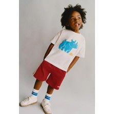 Magu Erkek Çocuk Pamuklu Beyaz Gergedan Baskılı T-Shirt Kırmızı Şort Takım - Spor Yazlık Set