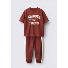Magu Erkek Çocuk Pamuklu Kiremit Tokyo Baskılı T-Shirt ve Eşofman Takım
