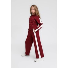 Magu Kız Çocuk Pamuklu Bordo Taş Detaylı Eşofman Takım - Kapüşonlu Sweatshirt Yan Şeritli Pantolon 2'li Set