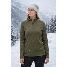 Tusebu Kadın Yarım Fermuarlı Polar Sweatshirt Haki Uzun Kollu Outdoor Spor Üst