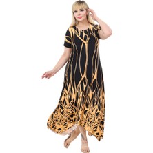 Melsay Butik Kısa Kollu Asimetrik Kesim Sarı Dalgalı Reflektör Desen Büyük Beden Elbise