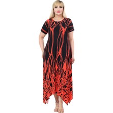 Melsay Butik Kısa Kollu Asimetrik Kesim Kırmızı Dalgalı Reflektör Desen Büyük Beden Elbise