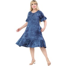 Melsay Butik Lacivert Batik Yıkamalı Cepli Fırfırlı Kısa Kollu Kadın Midi Elbise