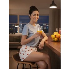 Tusebu Kadın Pamuklu Pijama Şortu - Kalp ve Bulut Desenli Fiyonklu Ev Şortu