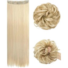 Özbience Ikili Sarı Düz Yarımay Çıtçıt ve Topuz Lastik Tokası Seti, 60 cm