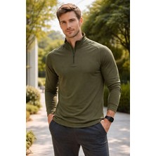 Tusebu Erkek Yarım Fermuarlı Thermal Sweatshirt Haki Uzun Kollu Spor Outdoor Üst