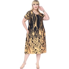 Melsay Butik Sarı Dalgalı Reflektör Desen Kuplu Cepli Kısa Kollu Kadın Midi Elbise