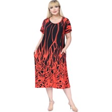 Melsay Butik Kırmızı Dalgalı Reflektör Desen Kuplu Cepli Kısa Kollu Kadın Midi Elbise