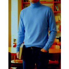 Sdnyazo Premium Erkek Açık Mavi Kaşmir ve Yünlü Tam Balıkçı Yaka Slim Fit Triko Kazak