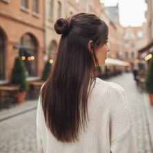 Özbience Kahverengi Fiber Sentetik Düz Yarım Ay Yan Çıt Çıt Peruk