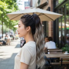 Özbience Su Dalgalı Lastik Tokalı At Kuyruğu Saç Postiş 70CM, Kumral, Kumral Beyaz, Platin Ombre