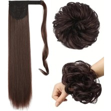 Özbience Kahverengi Düz At Kuyruğu ve Dağınık Topuz Lastik Tokalı Set 60 cm