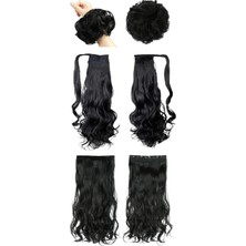 Özbience 3'lü Siyah Dalgalı Bağlamalı At Kuyruğu ve Yarımay Çıtçıt Seti