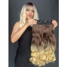 Özbience Dalgalı Geniş Parça Yarımay Çıtçıt Saç, Kahverengi ve Koyu Sarı Ombre