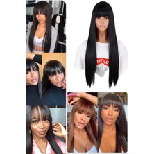 Özbience Uzun Düz Peruk Saç, Konforlu ve Doğal, Kahküllü, Kesilebilir, Şık