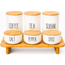 Meturas Mutfak Vakumlu Bambu Kapaklı Beyaz Cam Kavanoz Baharat Takımı 6 Lı