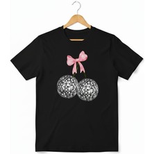 Texrium Kadın Beyaz - Siyah %100PAMUK Retro Party Serisi Kiraz Figürlü Bisiklet Yaka Regular T-Shirt