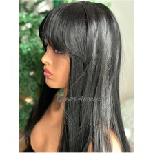 Özbience Lüks Fiber Uzun Düz Kahküllü Kadın Peruk, Isıya Dayanıklı Siyah Set