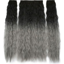 Özbience Şık Fiber Sentetik Kabarık Dalgalı Yarım Ay ve Yan Çıt Çıt Siyah Gri Ombre