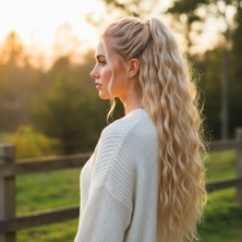 Özbience Balköpüğü Beyaz Platin Dalgalı Postiş 70 Cm, 200 Gr, Tokalı At Kuyruğu