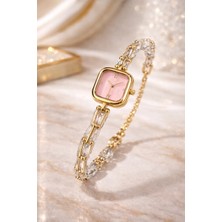 Gold Renkli Tiff Model Pudra Pembe Kadran Taşlı Lüks Kadın Saat