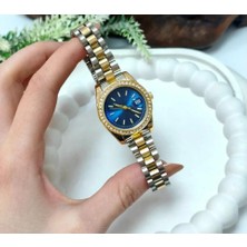 Çift Renkli Mavi Kadran Taşlı Lüks Kadın Saat