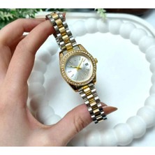 Çift Renkli Taşlı Beyaz Kadran Lüks Kadın Saat
