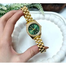 Gold Renkli Yeşil Kadran Taşlı Lüks Kadın Saat
