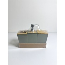 Bambu Kapaklı 3'lü Lüks Banyo Seti - Antrasit Gri Sıvı Sabunluk, Diş Fırçalık ve Pamukluk