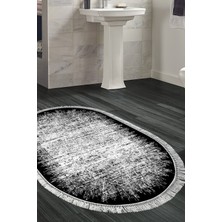 Özbience Şık Oval Modern Banyo Halısı, Kaymaz Taban, Saçaklı, Siyah 1342