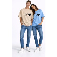 Nevermind Sevgili Kombini Kalp Ritmi Baskılı Çift Tişört Oversize Unisex Partner Kombin Çift Seti