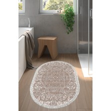 Özbience Yıldız Desenli Oval Banyo Halısı, Kaymaz Taban, Kahve Renkli, Saçaklı