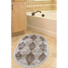 Özbience Kaymaz Tabanlı Banyo Halısı, Oval, Trend Saçaklı, Iskandinav Stil, Kahve