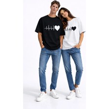 Nevermind Sevgili Kombini Kalp Ritmi Baskılı Çift Tişört Oversize Unisex Partner Kombin Çift Seti