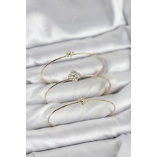 Moresun Buğz Zirkon Taşlı Gold Renk Yonca Tasarım 3'lü Kadın Bileklik Kombini