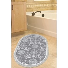 Özbience Saçaklı Oval Banyo Halısı, Pamuk, Kaymaz Taban, Modern Tasarım, Gri Renk