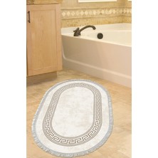 Özbience Krem Renkli Oval Modern Banyo Halısı, Kaymaz Taban, Saçaklı, Trend Tasarım