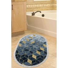 Özbience Yıldız Desenli Oval Banyo Halısı, Kaymaz Taban, Mavi Saçaklı, Şık Tasarım