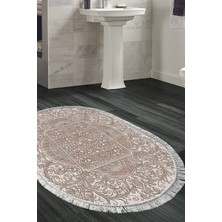 Özbience Kaymaz Taban Banyo Halısı, Pamuk Saçaklı Oval, Modern Tasarım, Kahve