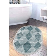 Özbience Turkuaz Oval Banyo Halısı, Kaymaz Taban, Trend Saçaklı, Düzgün Tasarım
