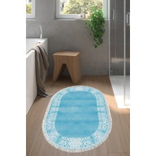 Özbience Saçaklı Oval Banyo Halısı, Kaymaz Taban, Modern Tasarım, Mavi Renk