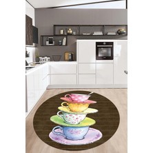 Özbience Renkli Baskılı Yuvarlak Kaymaz Taban Salon ve Mutfak Halısı