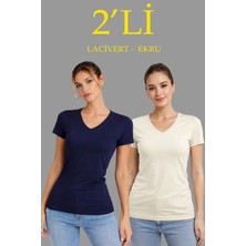 Alfanora Kadın 2'li V Yaka Tişört – Kısa Kollu Yazlık Slim Fit Body - Lacivert & Ekru
